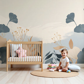 Botanical floral mural wallpaper with beige and blue flowers in modern nursery by Kids-Mundo