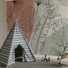 Delicate leaf pattern mural wallpaper creating serene children's bedroom atmosphere