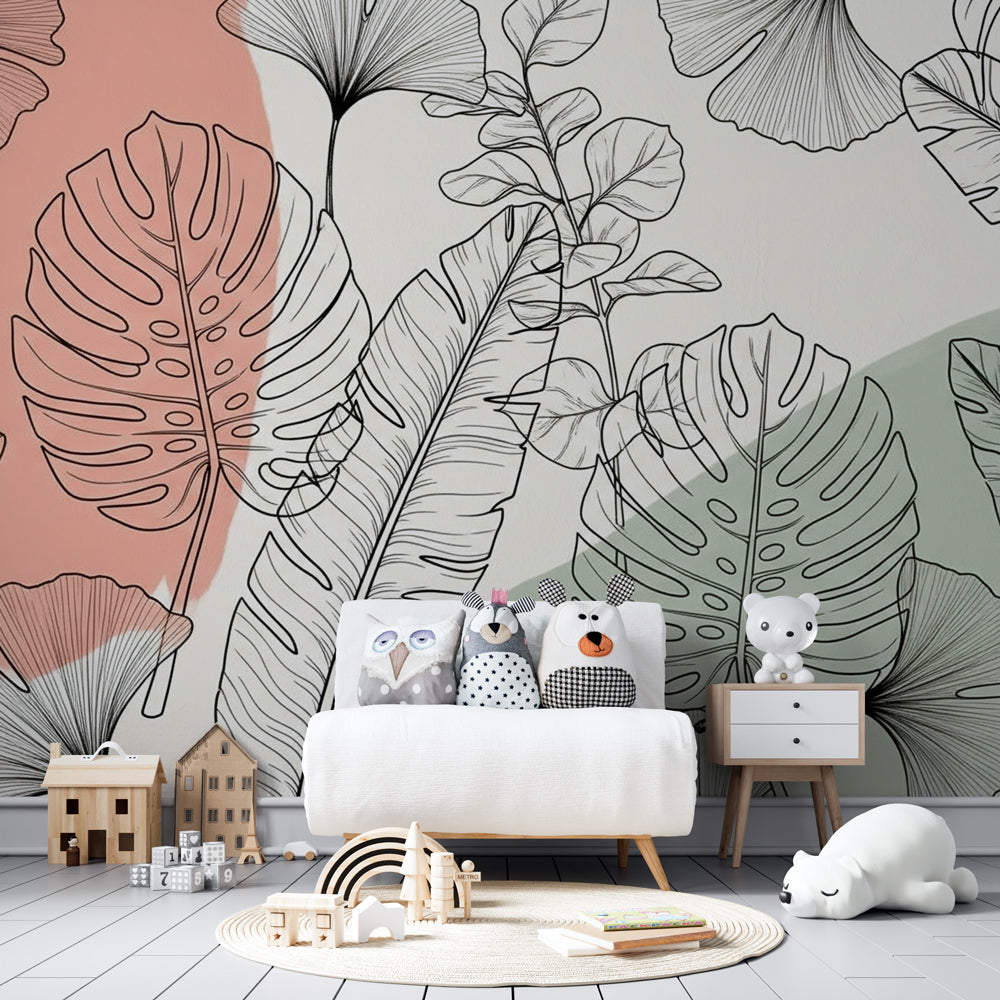 Monstera and ginkgo leaf wallpaper with soft pink-green tones for kids room decor