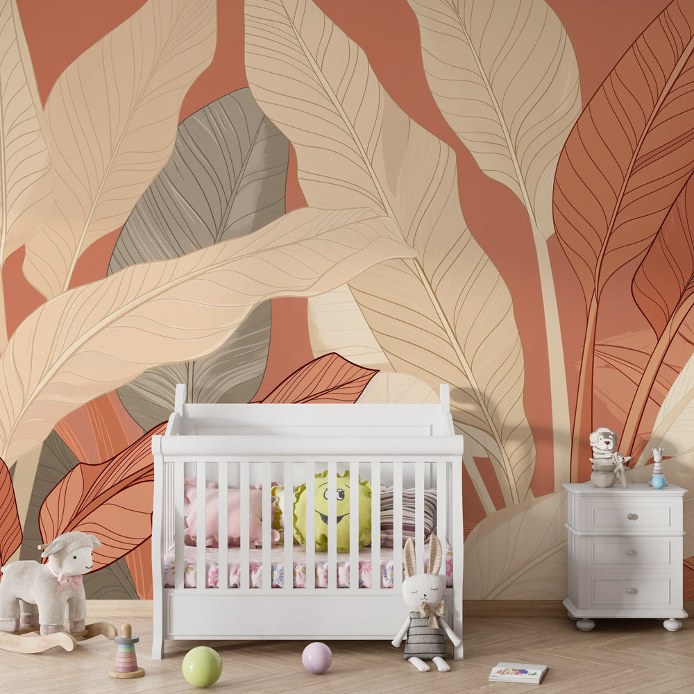 Nature-inspired leaves wallpaper in children's bedroom with modern furniture and soft lighting by Kids-Mundo