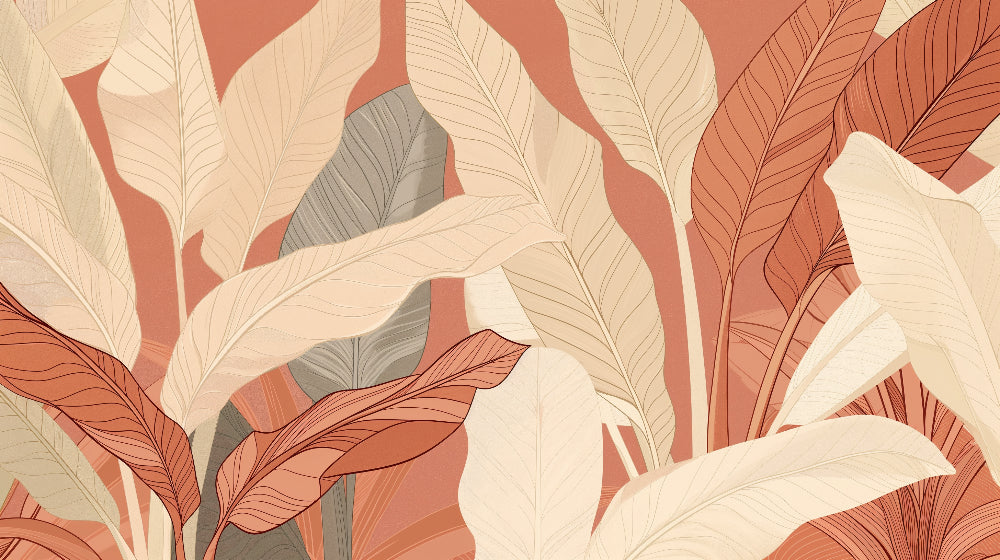 Detailed botanical leaves mural wallpaper design pattern showing warm terracotta and beige leaf motifs by Kids-Mundo