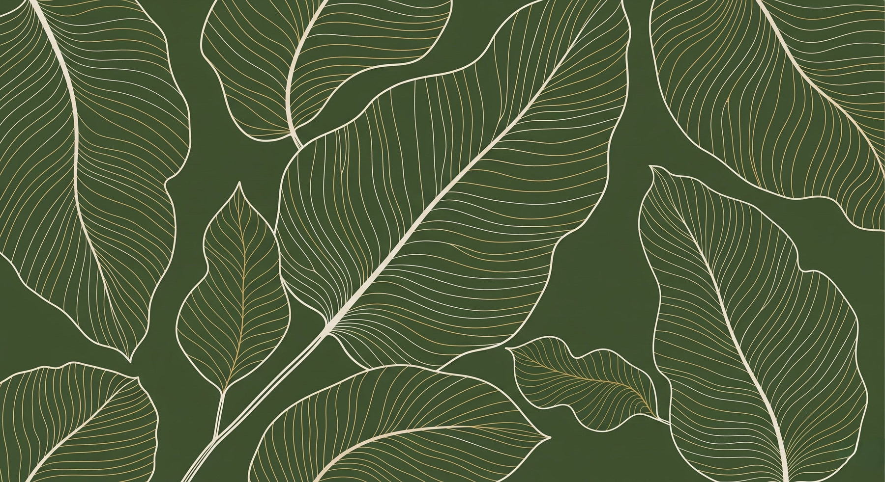 Detailed botanical leaves mural wallpaper design pattern with green background and gold veining by Kids-Mundo