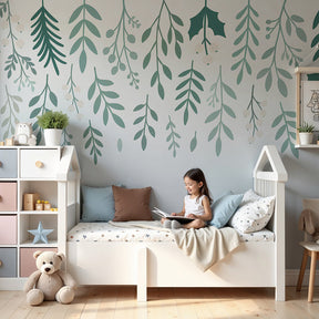 Botanical leaves mural wallpaper creating serene nursery atmosphere with natural green branches by Kids-Mundo