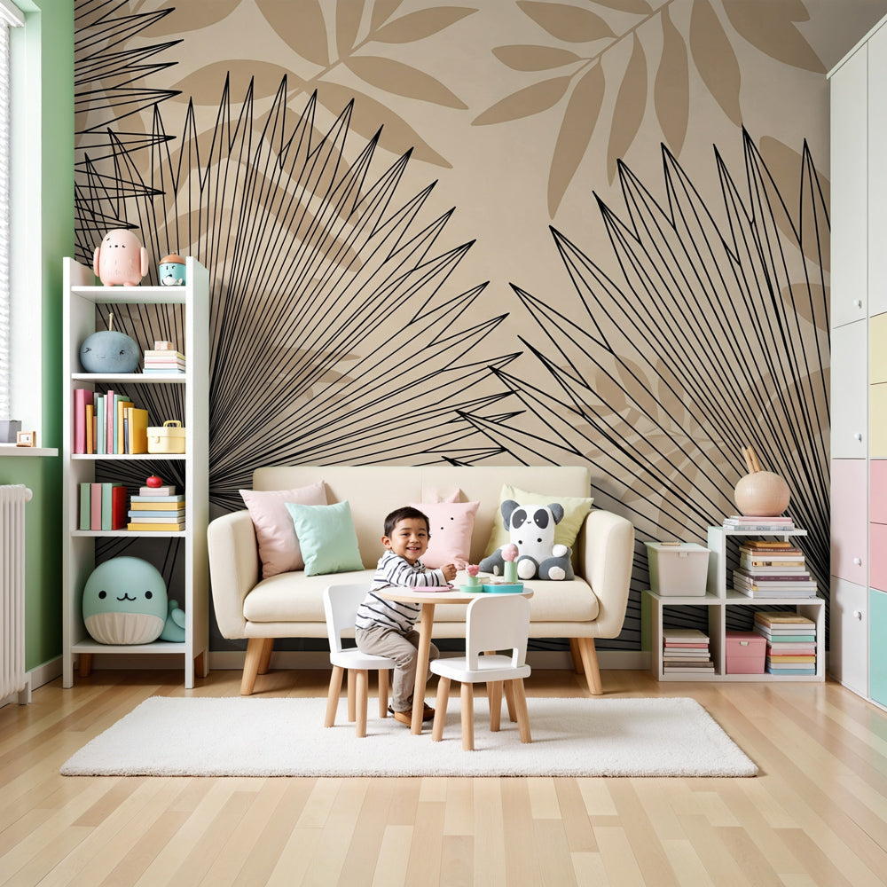 Modern botanical leaves mural wallpaper in bright nursery with wooden crib by Kids-Mundo