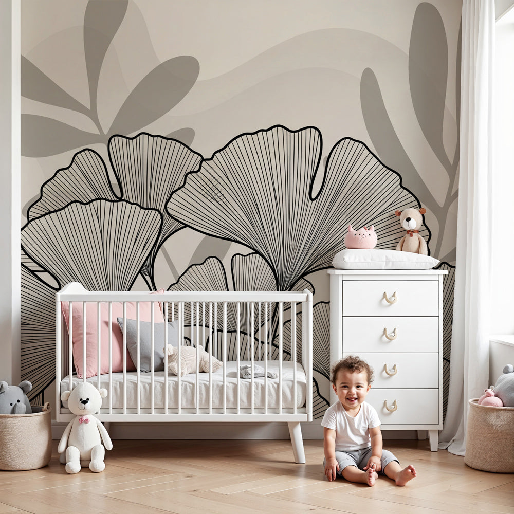 Botanical leaves mural wallpaper creating serene nursery atmosphere with natural decor by Kids-Mundo