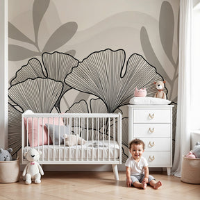Botanical leaves mural wallpaper creating serene nursery atmosphere with natural decor by Kids-Mundo