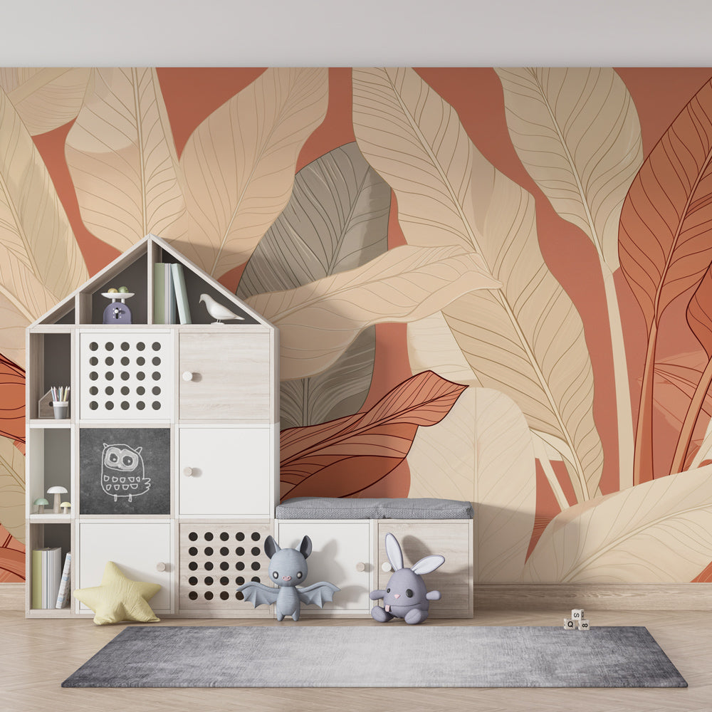 Delicate botanical mural wallpaper enhancing kids playroom with calming natural leaf patterns by Kids-Mundo