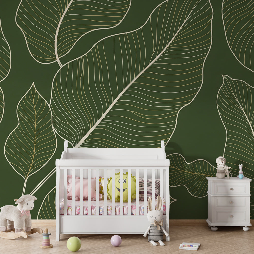 Large botanical leaves mural wallpaper transforming kids playroom into nature sanctuary