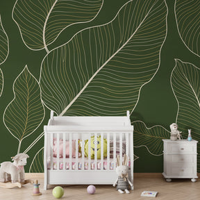 Large botanical leaves mural wallpaper transforming kids playroom into nature sanctuary