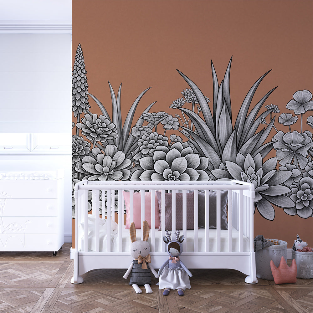 Kids-Mundo botanical succulents wall mural as a bold feature wall in a kids' bedroom