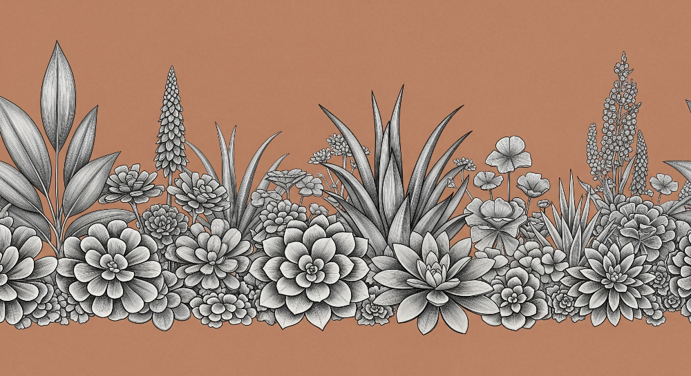 Flat artwork preview of the Kids-Mundo botanical line art succulents wall mural