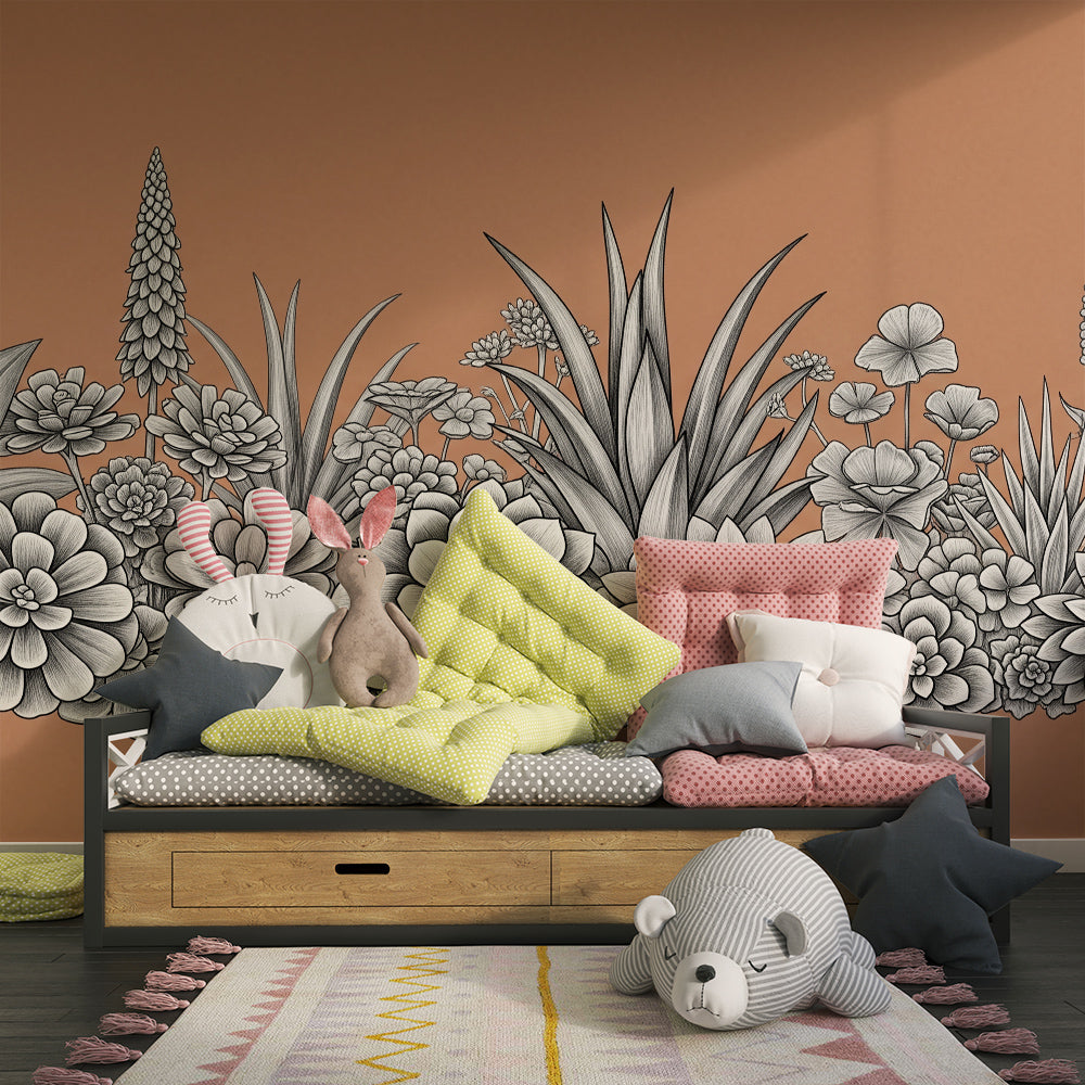 Kids-Mundo botanical line art mural adding character to a playroom reading nook