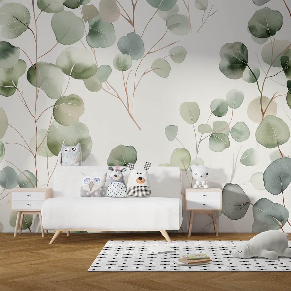 Delicate leaf pattern mural wallpaper creating peaceful atmosphere in modern baby room