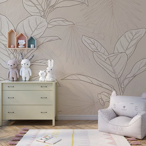 Botanical mural wallpaper creating peaceful children's bedroom with soft beige leaf patterns