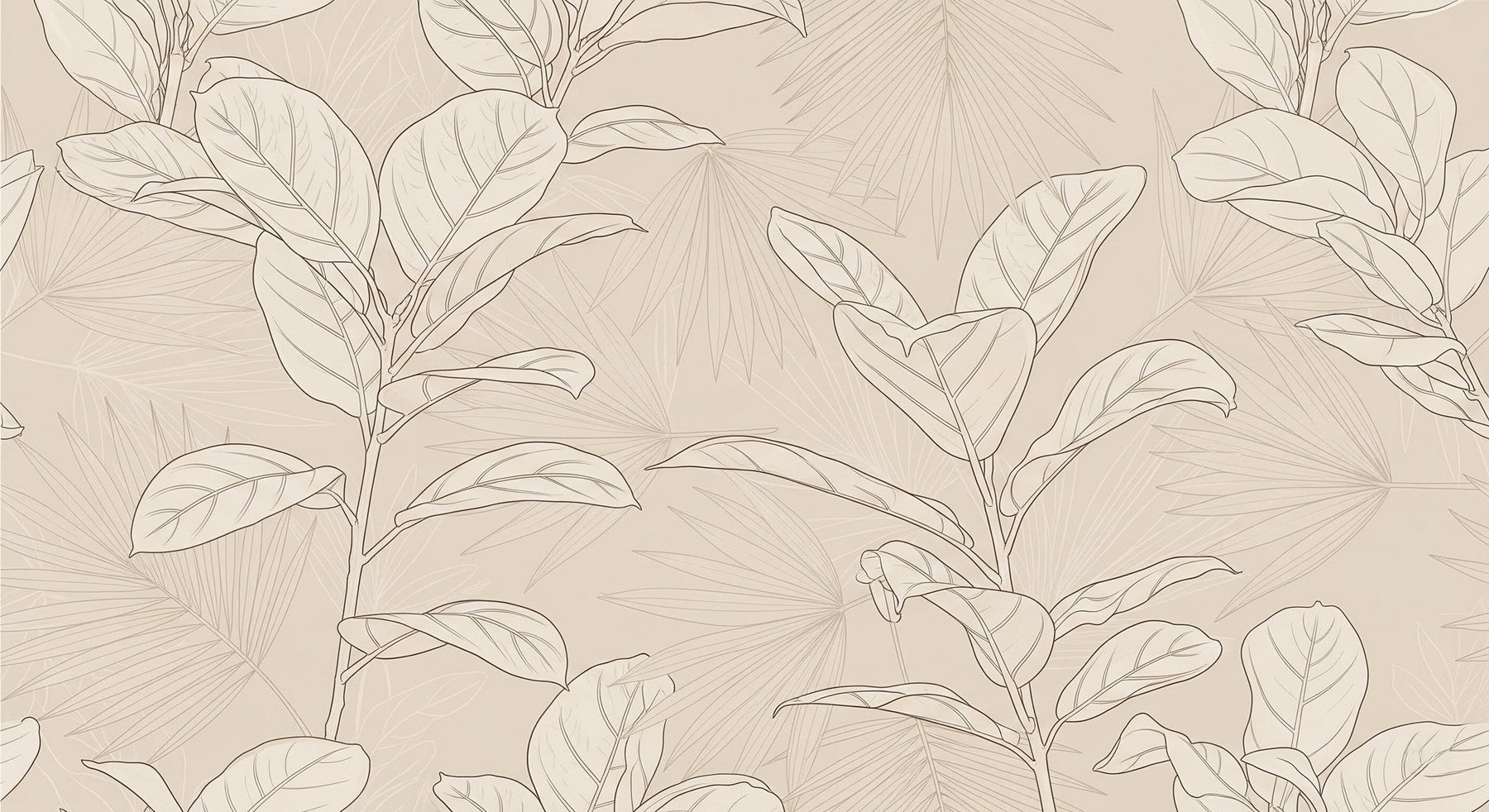 Detailed botanical mural wallpaper design pattern showing delicate leaves on beige by Kids-Mundo