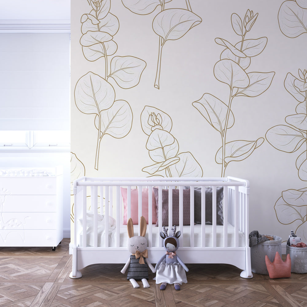Botanical leaf wallpaper creating serene atmosphere in children's bedroom decor