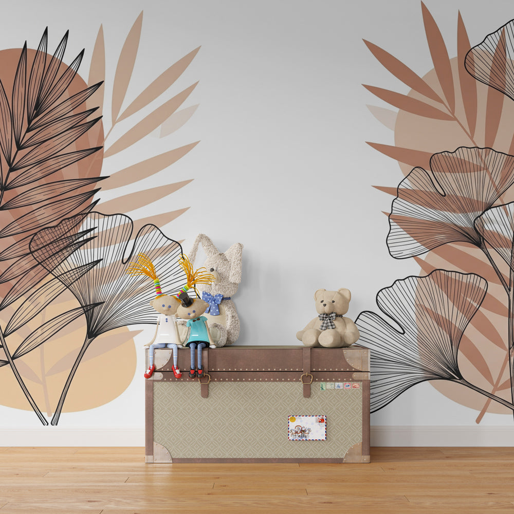 Organic shapes wallpaper in modern children's bedroom with natural beige and terracotta tones