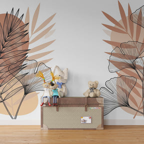 Organic shapes wallpaper in modern children's bedroom with natural beige and terracotta tones