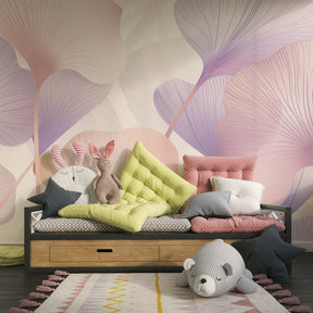 Pastel leaf wallpaper transforming modern children's bedroom with natural botanical theme