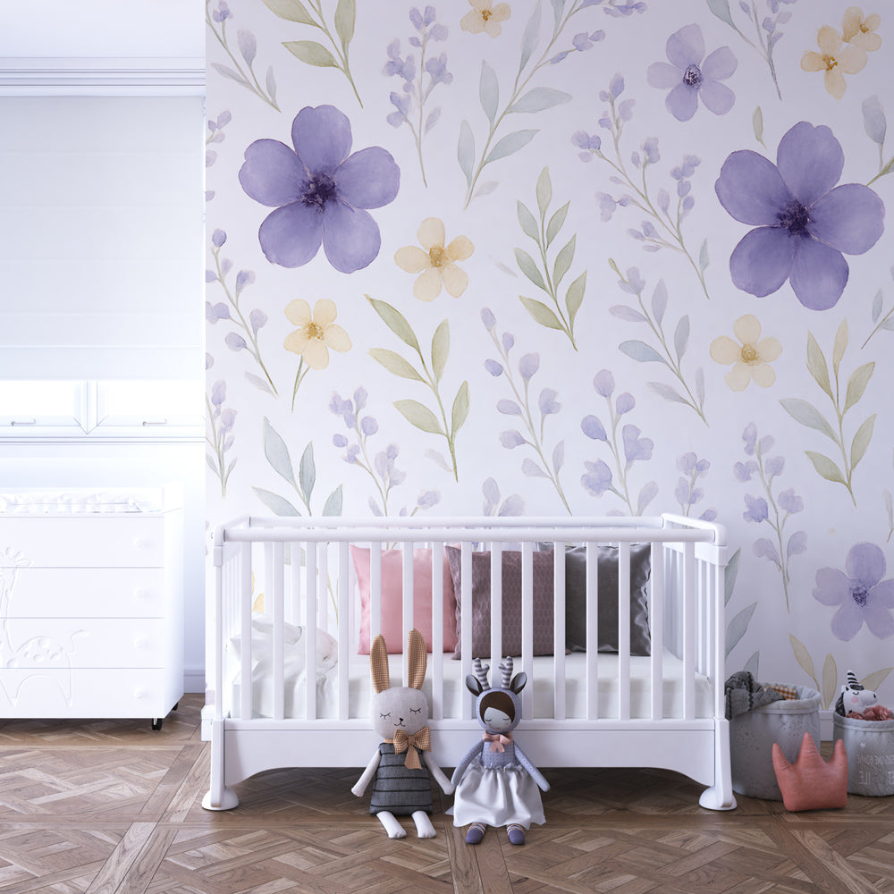 Hand-painted floral mural wallpaper transforming kids room into botanical garden by Kids-Mundo