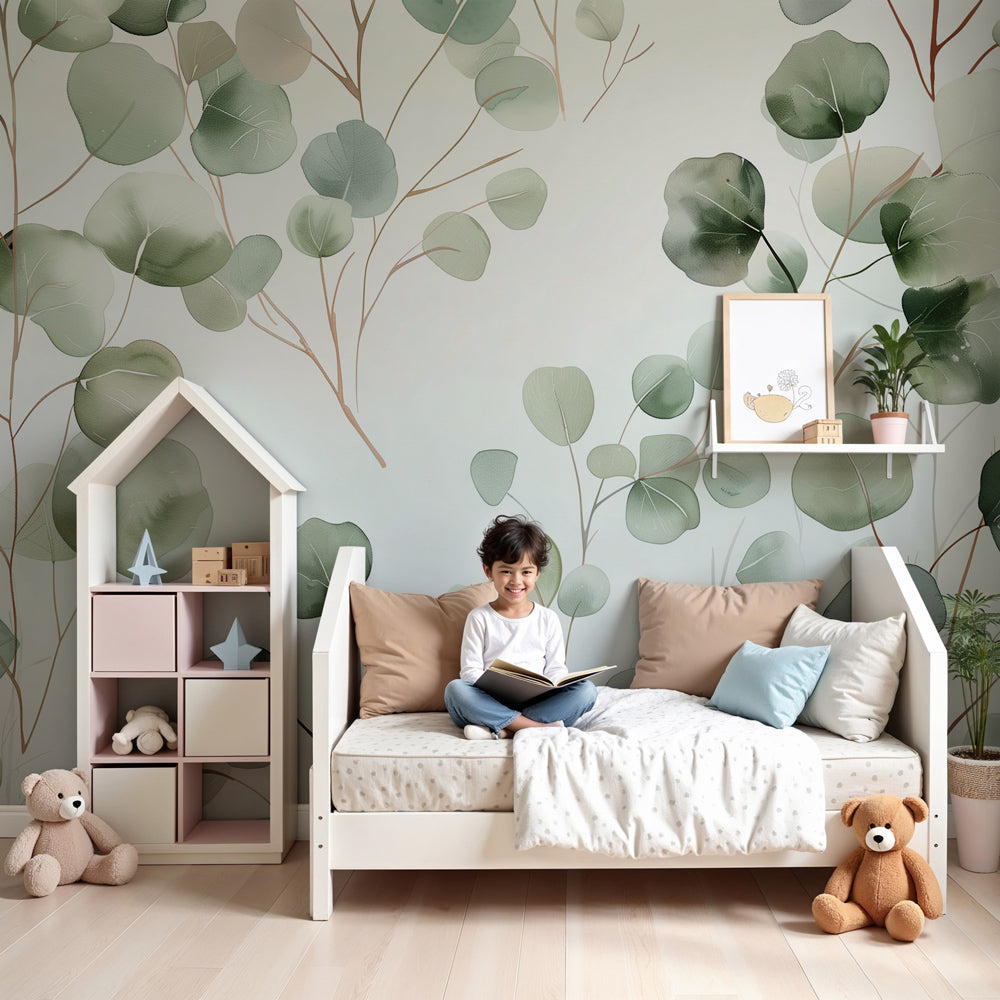 Botanical foliage mural wallpaper in serene baby nursery with natural green tones by Kids-Mundo