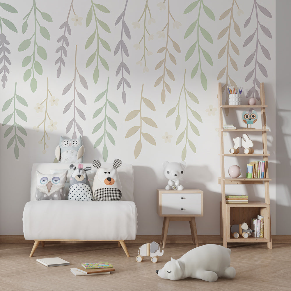 Nature-inspired botanical wallpaper transforming kids playroom with soft green and beige tones
