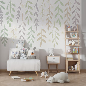 Nature-inspired botanical wallpaper transforming kids playroom with soft green and beige tones