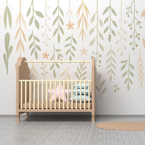 Nature-inspired botanical wallpaper in children's playroom with soft green and beige tones