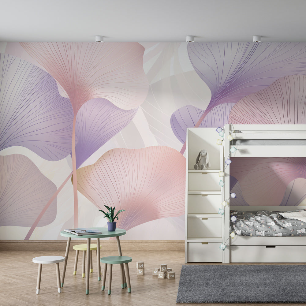Nature-inspired mural wallpaper creating calming kids playroom with soft rose and lavender tones