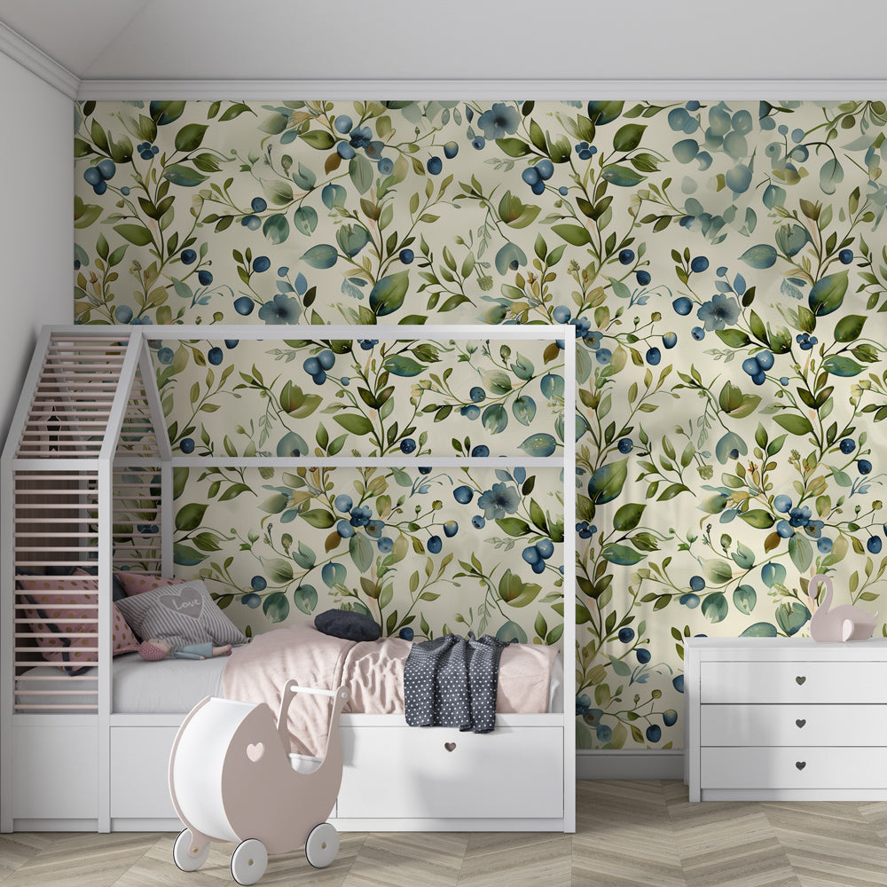 Watercolor botanical wallpaper featuring sage green foliage in peaceful baby room setting