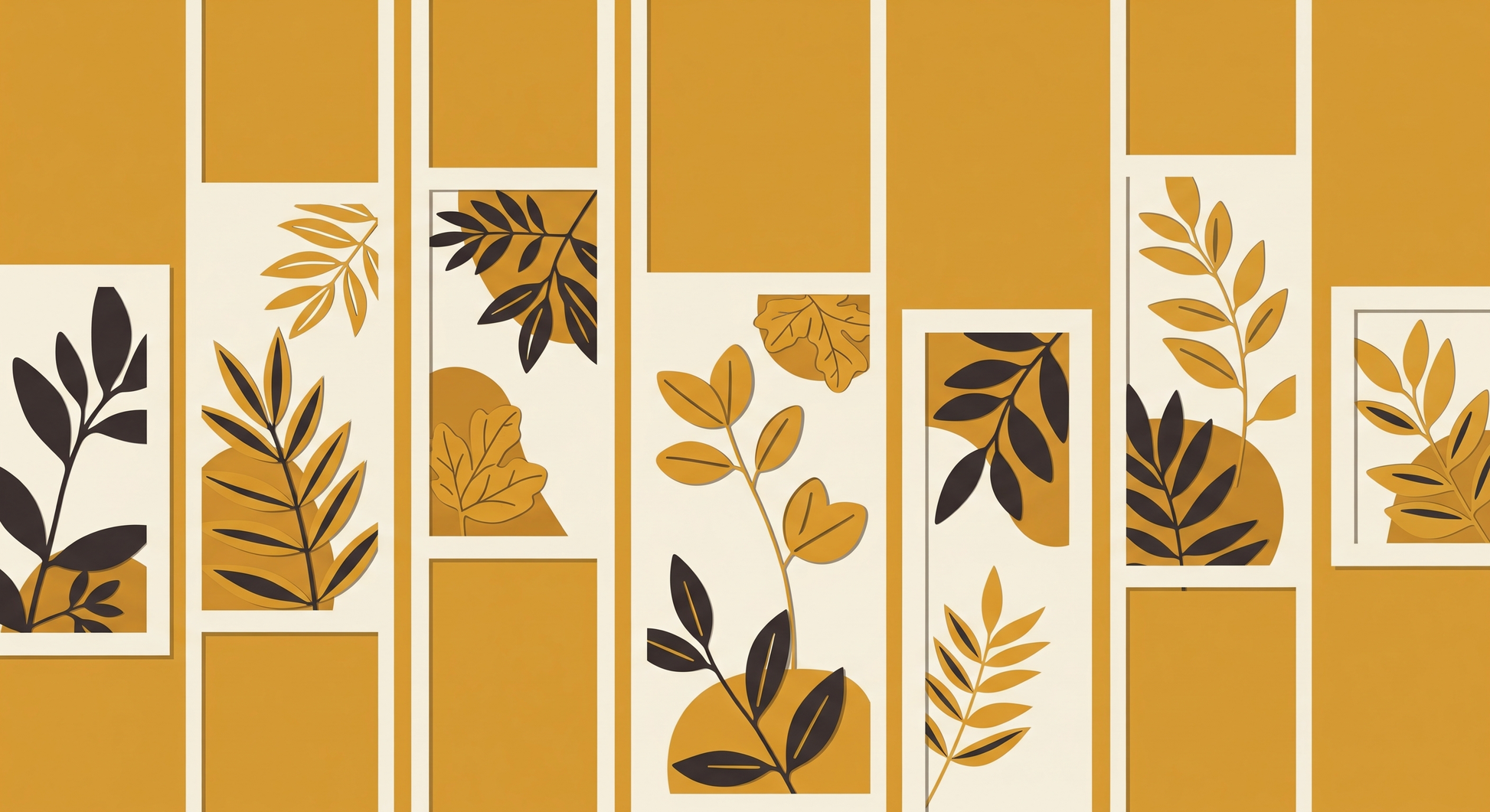 Kids-Mundo mustard and cream botanical panel design with charcoal and gold leaf sprigs