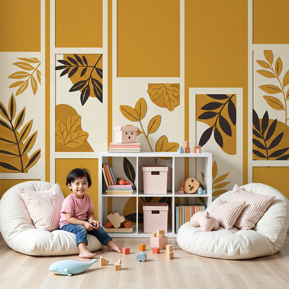 Kids-Mundo botanical panel gallery wall mural in a bright, modern nursery