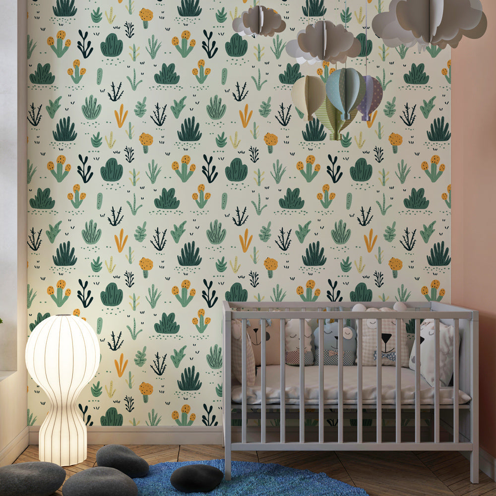 Nature-themed botanical wallpaper creating educational and calming kids playroom environment