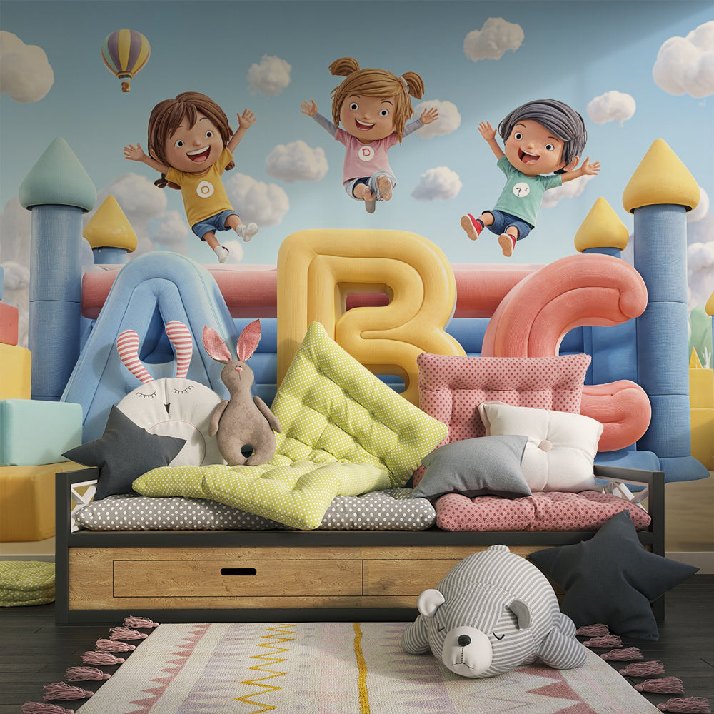 ABC learning bouncy castle mural wallpaper transforming toddler bedroom into adventure space
