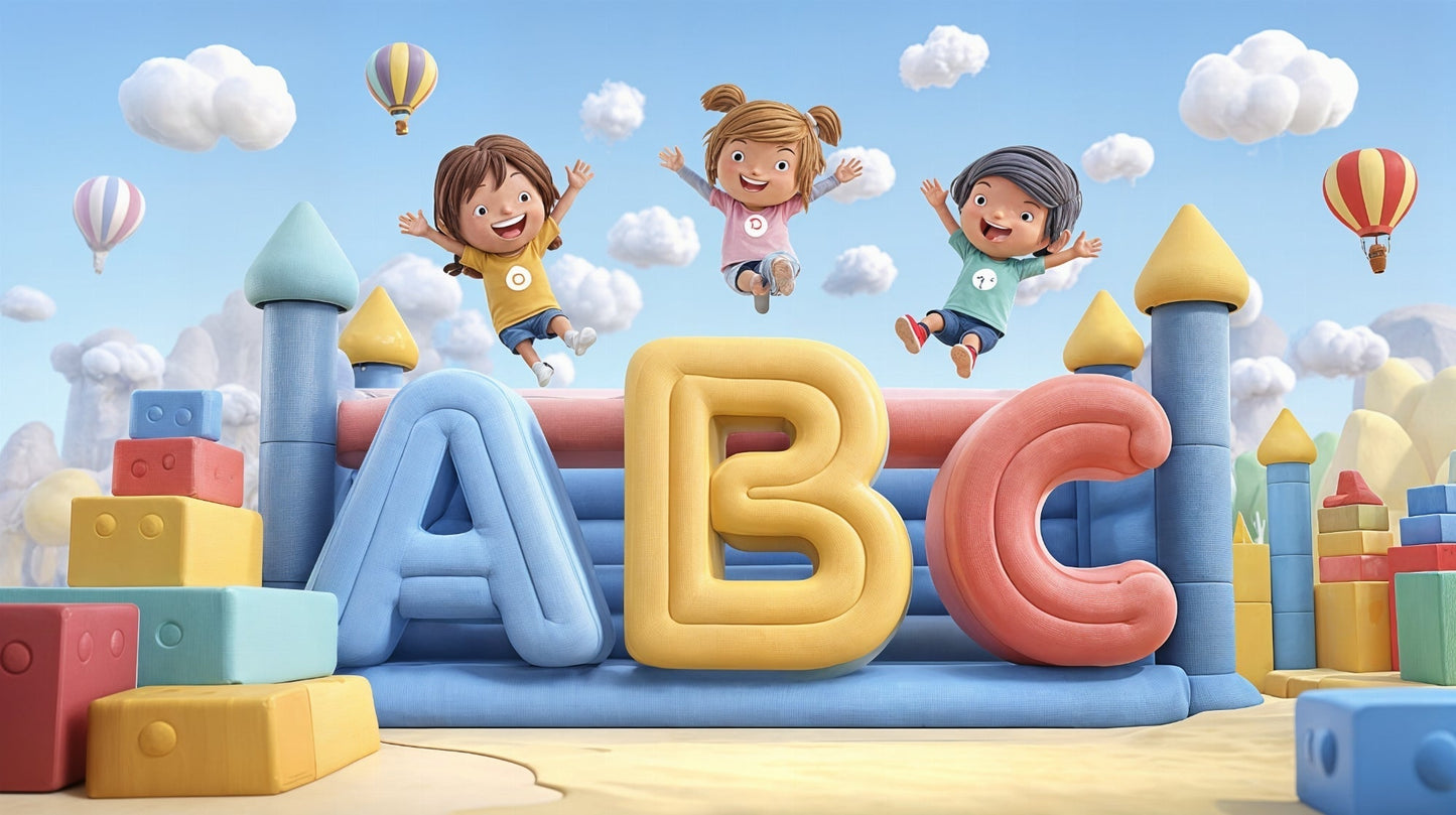 Detailed bouncy castle ABC letters mural wallpaper design pattern with hot air balloons by Kids-Mundo