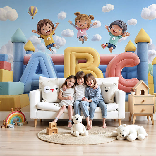 Bouncy castle ABC mural wallpaper in bright nursery room with educational play theme by Kids-Mundo
