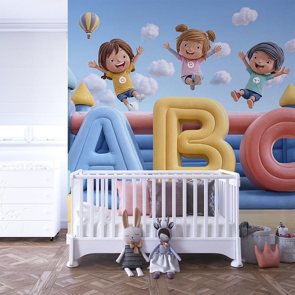 Educational bouncy castle wallpaper creating fun learning environment in children's playroom