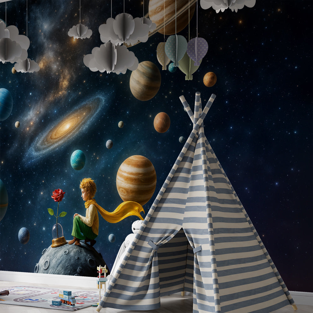 Kids-Mundo space wall mural with boy, rose and planets in a bright playroom