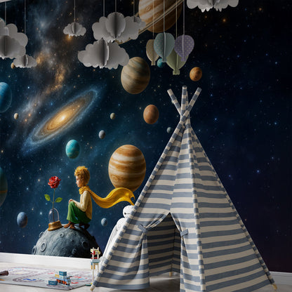 Kids-Mundo space wall mural with boy, rose and planets in a bright playroom