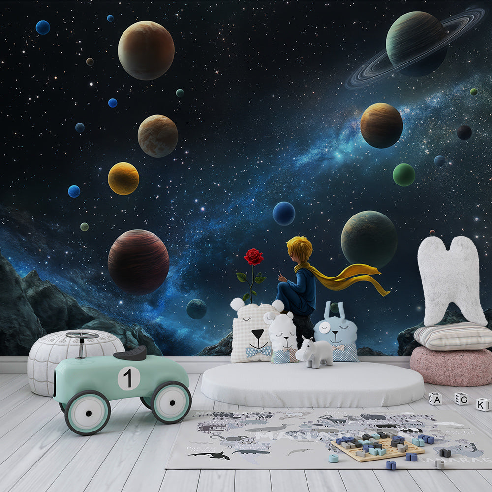 Kids-Mundo boy among the planets wall mural covering a feature wall in a kids' bedroom