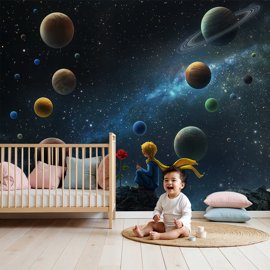 Kids-Mundo stargazing boy and planets wall mural styled above a cot in a soft, dreamy nursery