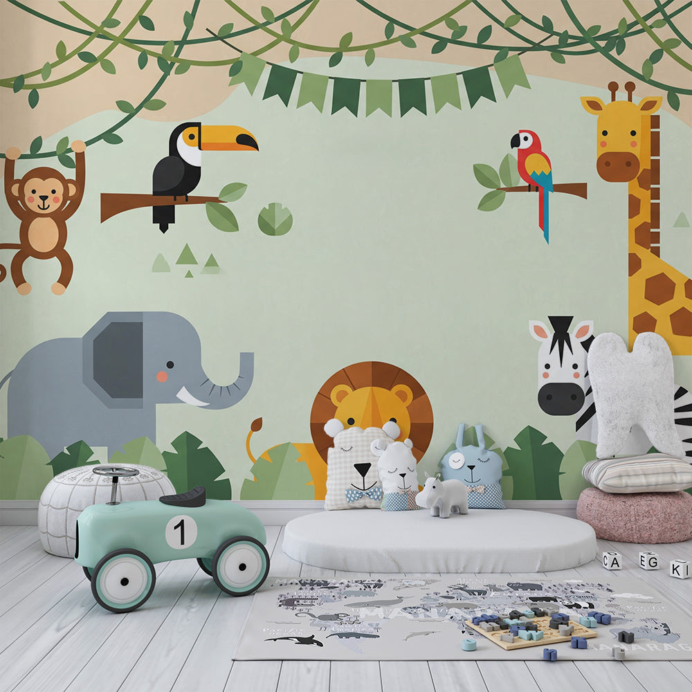 Kids-Mundo colourful jungle safari wall mural featuring a lion and zebra in a modern kids bedroom.