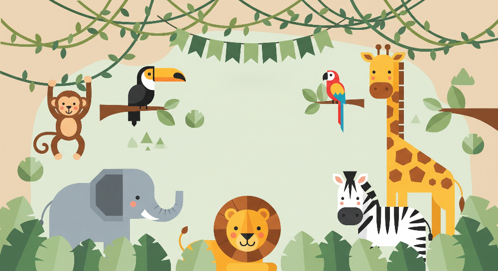 Kids-Mundo flat-artwork jungle scene with a giraffe, elephant, lion, zebra, monkey and toucan among vines.
