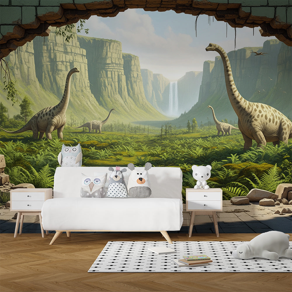 Kids-Mundo cracked wall dinosaur mural behind a bed in an adventurous kids bedroom