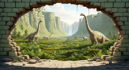 Kids-Mundo flat artwork of a broken brick wall opening onto a dinosaur waterfall valley