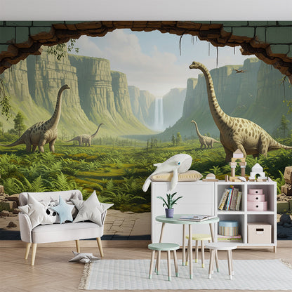Kids-Mundo dinosaur valley mural bringing a jungle waterfall scene to a playroom