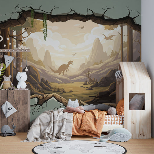 Kids-Mundo dinosaur wall mural featuring a cracked wall reveal of a jungle scene in a kids bedroom