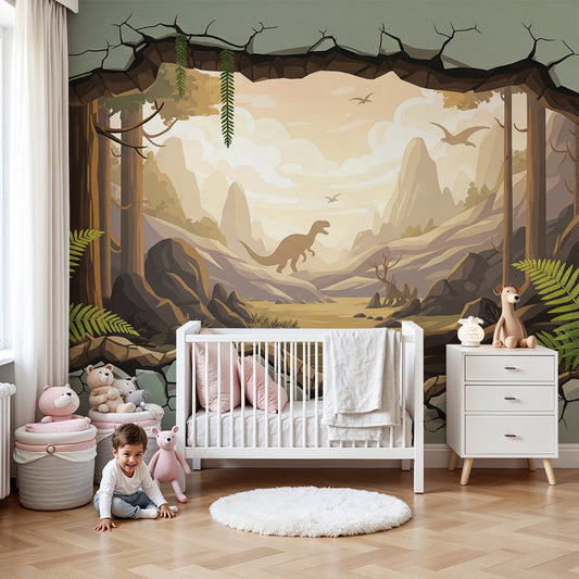 Kids-Mundo dinosaur jungle wall mural with a broken-wall 3D effect styled in a calm nursery