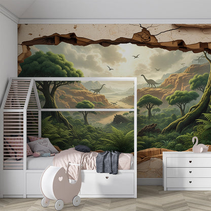 Kids-Mundo crumbling wall dinosaur mural covering a striking child's bedroom feature wall.