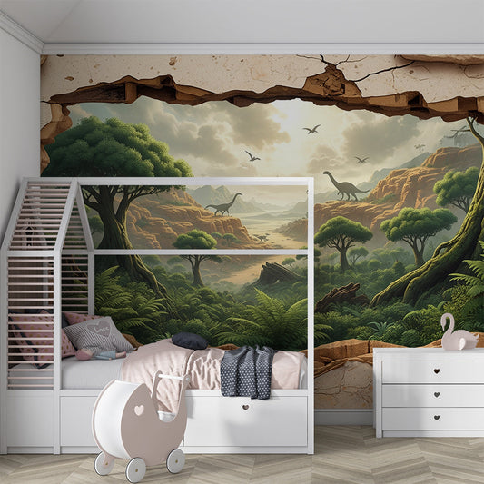 Kids-Mundo crumbling wall dinosaur mural covering a striking child's bedroom feature wall.